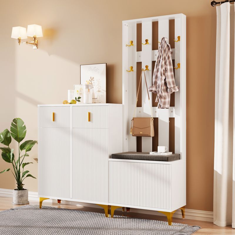 Meuble d'entrée avec banc à chaussures et coussin, porte-manteau avec crochets, meuble de rangement avec tiroirs et portes_voghion.com