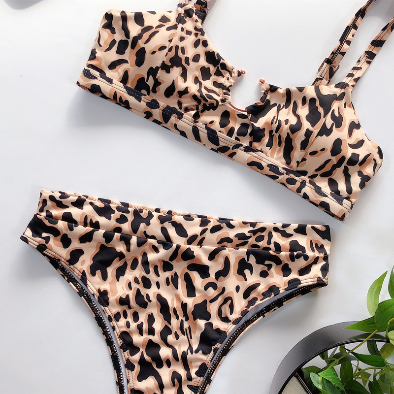 Maillot de bain femme maillot de bain fendu vert imprimé léopard bikini nouveau maillot de bain couleur unie_voghion.com
