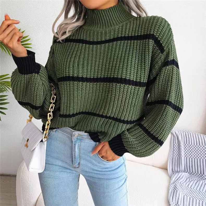 Suéter feminino casual listrado com manga lanterna e meia gola alta_voghion.com