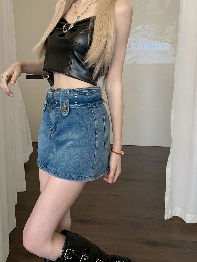 Black denim women's half length pants skirt, Instagram trendy new niche anti glare high waisted versatile A-line wrapped_voghion.com