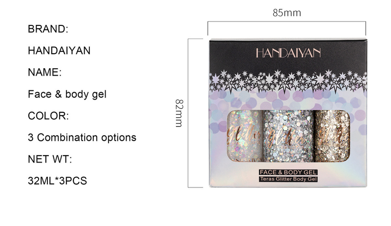 Zestaw kosmetyków do pielęgnacji urody, 3 brokatowe cienie do powiek, żel z cekinami, mleczko do ciała, syrena, scena, klub nocny, wesele, fryzura 2023 202_voghion.com