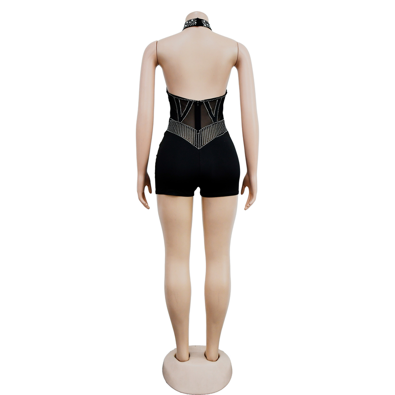 Women's mesh mesh perm beads sleeveless shorts jumpsuit_voghion.com