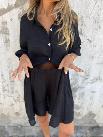 Conjunto de duas peças feminino casual de algodão e linho, cor sólida, manga comprida, camisa de tecido amassado, 2025_voghion.com