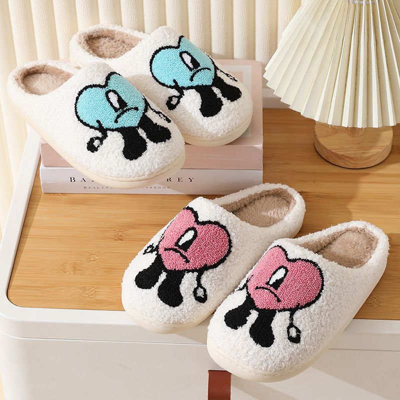 Pantofole invernali da donna con suola spessa antiscivolo Home Bad Bunny Mr. Heart, calde pantofole da uomo e da coppia, con cartoni animati_voghion.com
