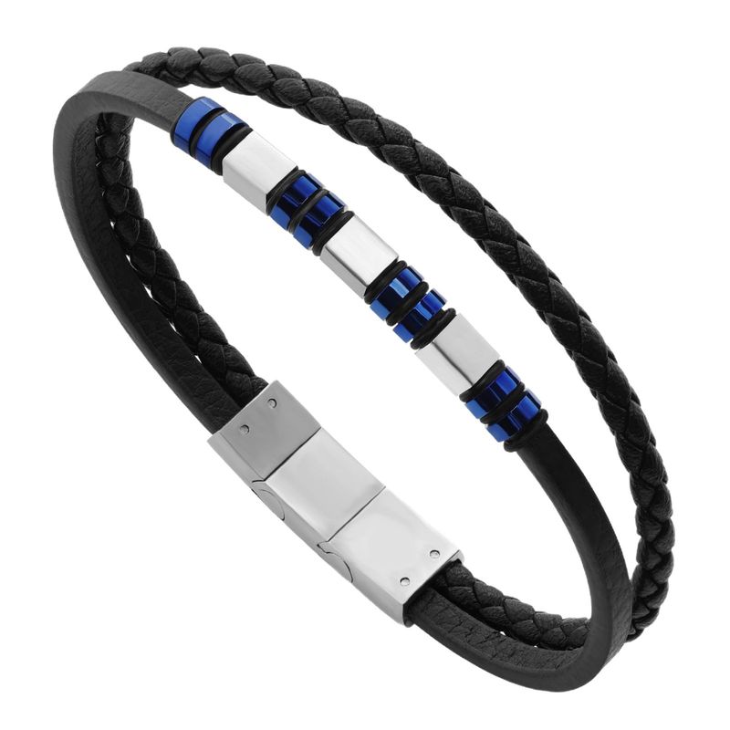 Bracciale commemorativo in pelle con corda rotonda magnetica, fibbia in acciaio inossidabile, anello in silicone a doppio strato da uomo nero_voghion.com