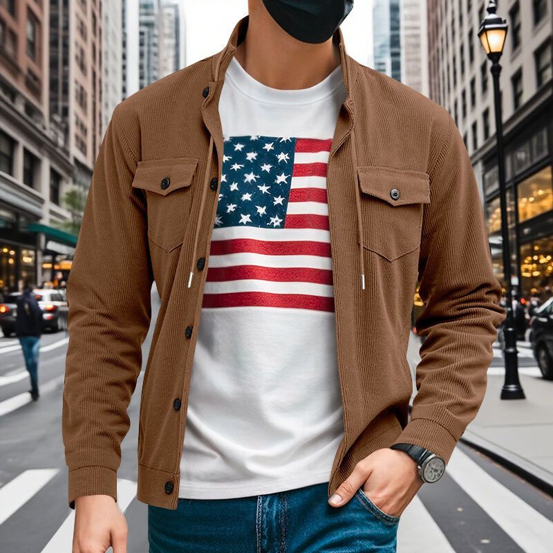 Autumn American Heavy Corduroy New Simple Versatile Multi Pocket Long Sleeved Stand Up Collar Jacket Men's Clothing_voghion.com