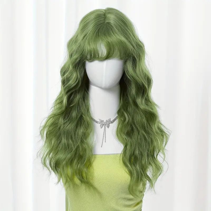 peruca feminina grama verde lã cachos franja água do mar ondulação cabelo longo cacheado diário universal cabeça cheia peruca_voghion.com