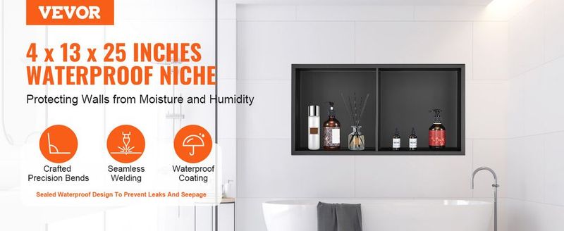 VEVOR 13"x25" No Tile Shower Niche 304 Stainless Steel, Wall-Inserted Niche Recessed Double Shelves, Sealed Waterproof Rust-Resistant Easy Cleaning Modern Niche For Shower Or Soap Storage Bathroom_voghion.com