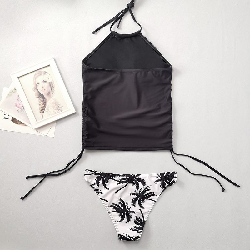 Roupas femininas com estampa de coqueiro e alça triangular, maiô conservador com alça e cobertura da barriga, biquíni dividido_voghion.com