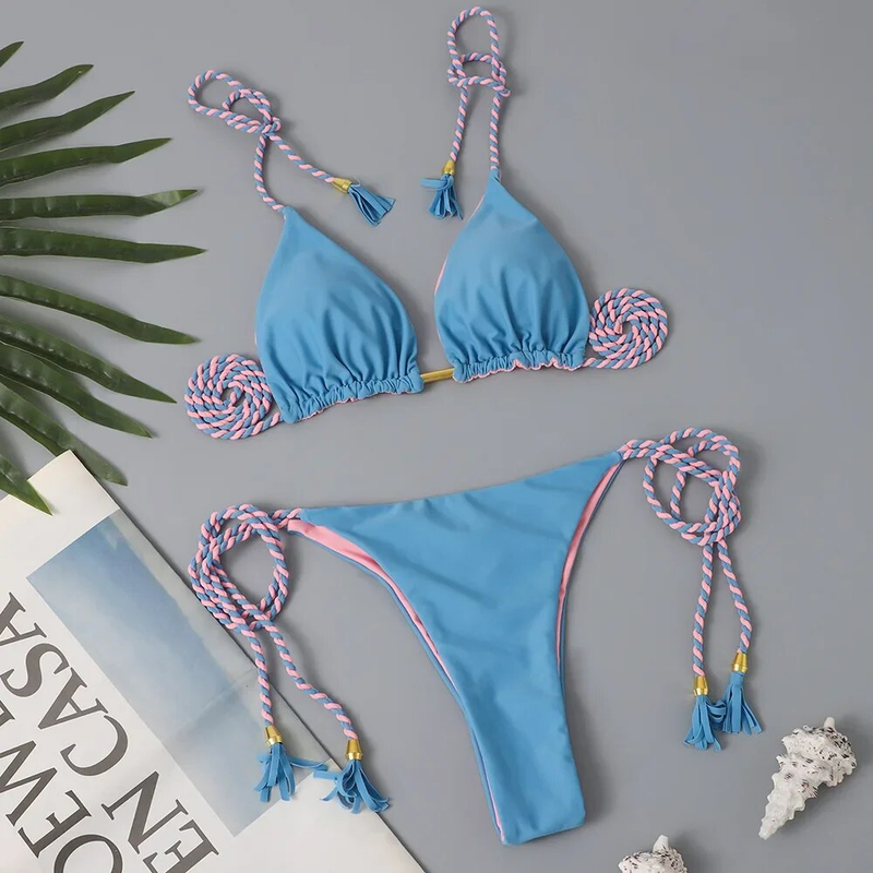 Swimwear Patchwork Thong Bikini Set Swimsuits Sexy Bikinis Triangle Bandage Female Clothing Beachwear Beach Vacation_voghion.com
