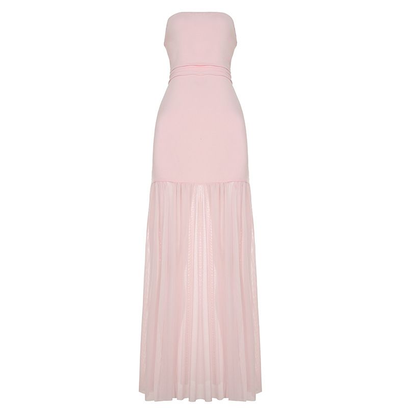 Pure Desire, sexy trägerloses Kleid mit einer Schulter aus Netzstoff, feminines Temperament, hohe Taille, schmale Passform, Schlitz, hüftbetont lang_voghion.com