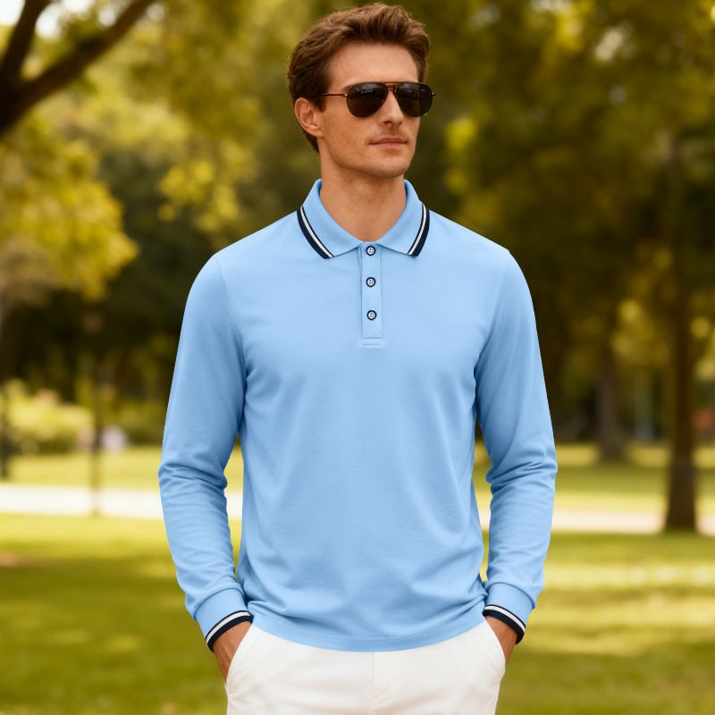 Men's Breathable Jacquard Polo Shirt - Loose Fit Long Sleeve Casual Top For Golf & Everyday Wear_voghion.com