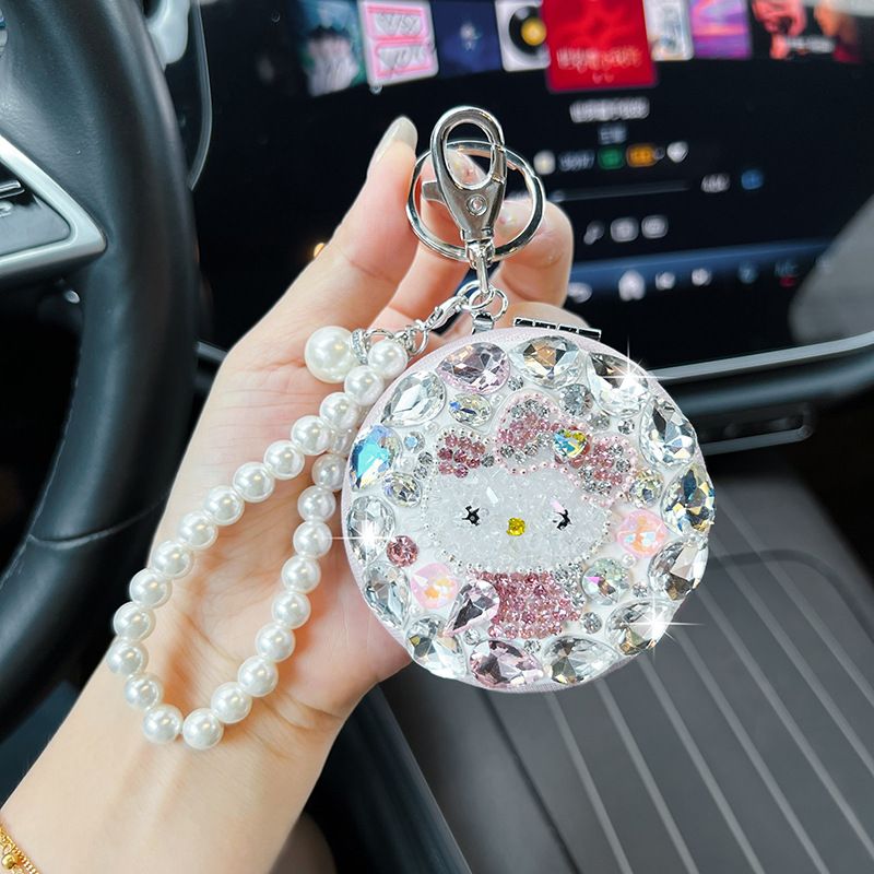 Llavero de cristal con forma de corazón y espejo plegable para maquillaje, con diseño de gato pequeño y diamante, ideal para bolso._voghion.com