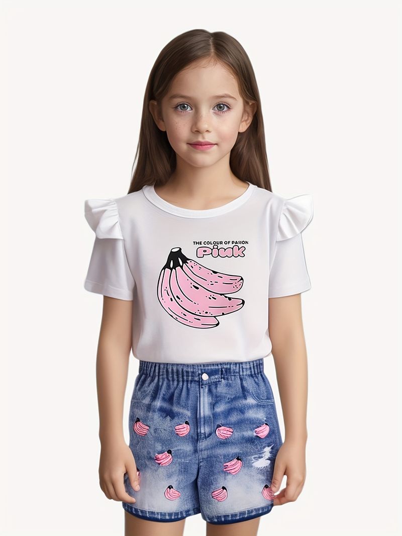 Mutter & Kinder INS Mädchen Mode Denim & Banana Print Rundhals Kurzarm T-Shirt Set_voghion.com