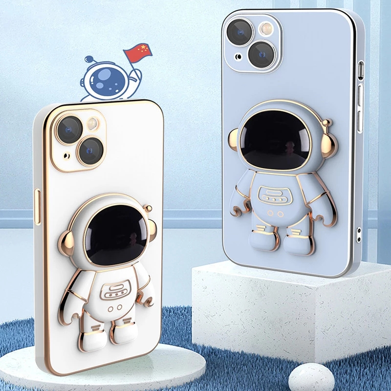 3D Astronaute Pliant Stand Titulaire Téléphone étui pour iphone 14 13 12 11 Pro Max XR XS 7 8 Plus SE 2022 Placage Antichoc Housse_voghion.com