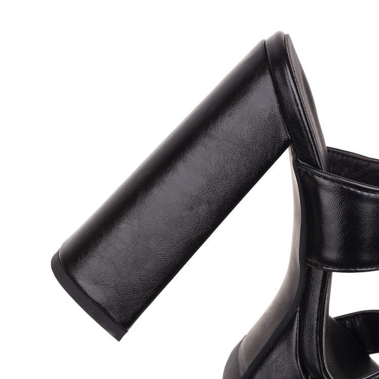 Round head open toe solid color front lace-up square buckle waterproof platform thick high heel sandals for women_voghion.com