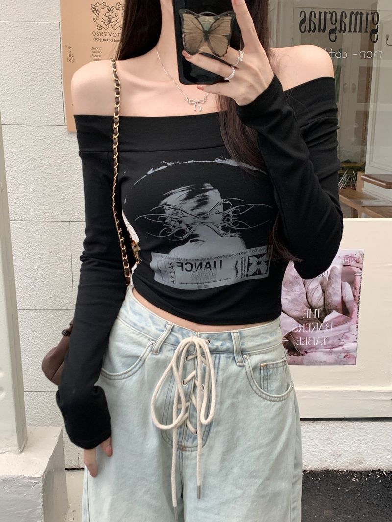 505 # 40 count T-shirt a maniche lunghe in puro cotone autunno 2024 per donna con stampa monocollo_voghion.com