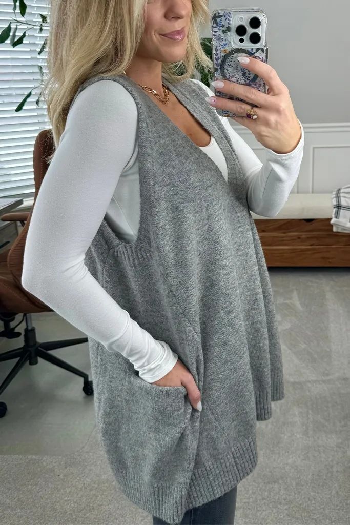 K Einfarbige Strickweste mit V-Ausschnitt und Tasche, ärmelloser Pullover_voghion.com