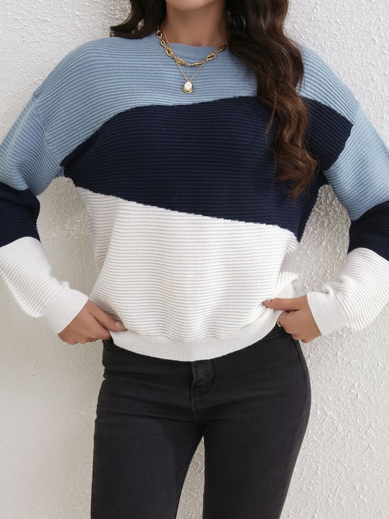 Pull élégant en tricot pour femme, haut ras du cou à manches longues, tendance, mélange de polyester doux et chaud, idéal pour le bureau et les loisirs (blanc, gris foncé)_voghion.com
