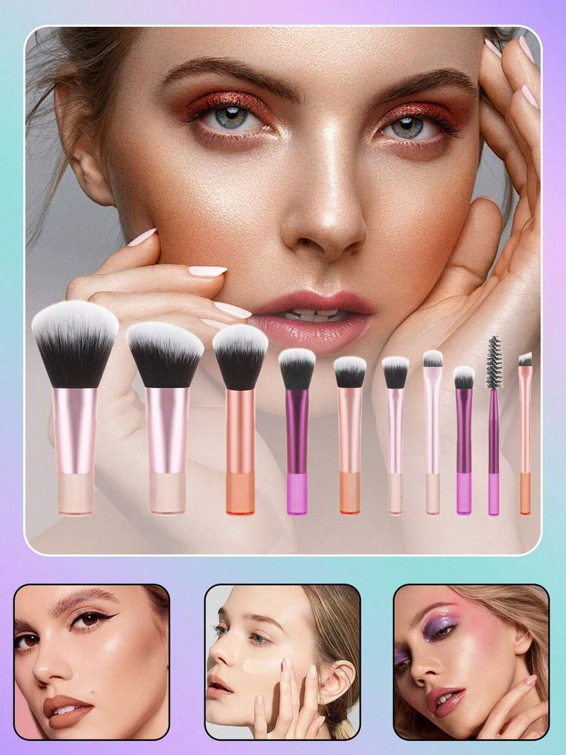 10-teiliges Regenbogen-Reise-Make-up-Pinsel-Set mit 4 Mischschwämmen, Etui mit Reißverschluss, kompaktes Kosmetikpinsel-Set mit kurzem Griff, tragbare Make-up-Grundausstattung_voghion.com