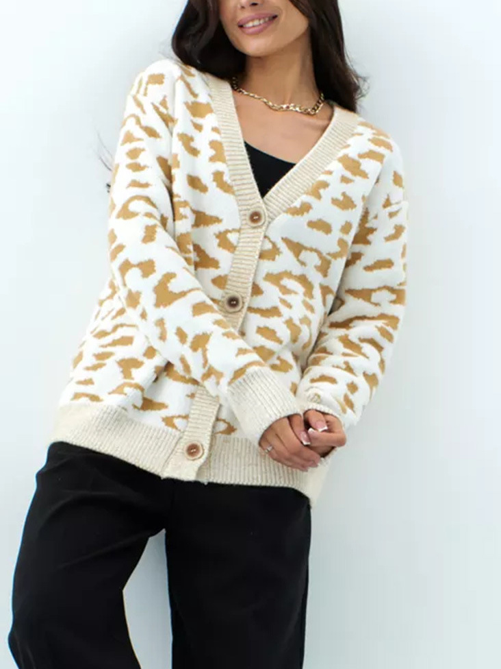 Cardigan tricoté imprimé léopard pour femme, veste pull à simple boutonnage, col en v, nouvelle collection automne et hiver_voghion.com