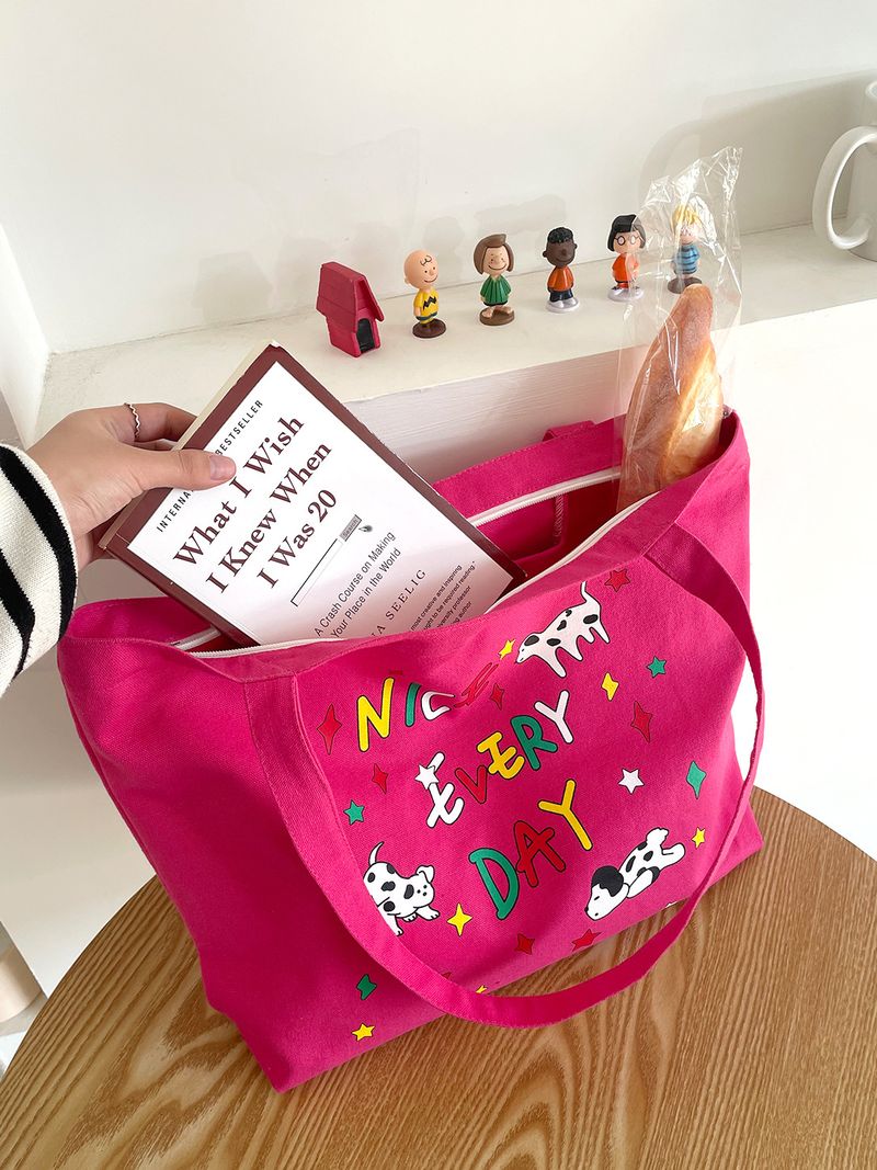 2024 New Student School Cute Illustration Large Capacity Shoulder Zipper Canvas Tote Bag Women_voghion.com