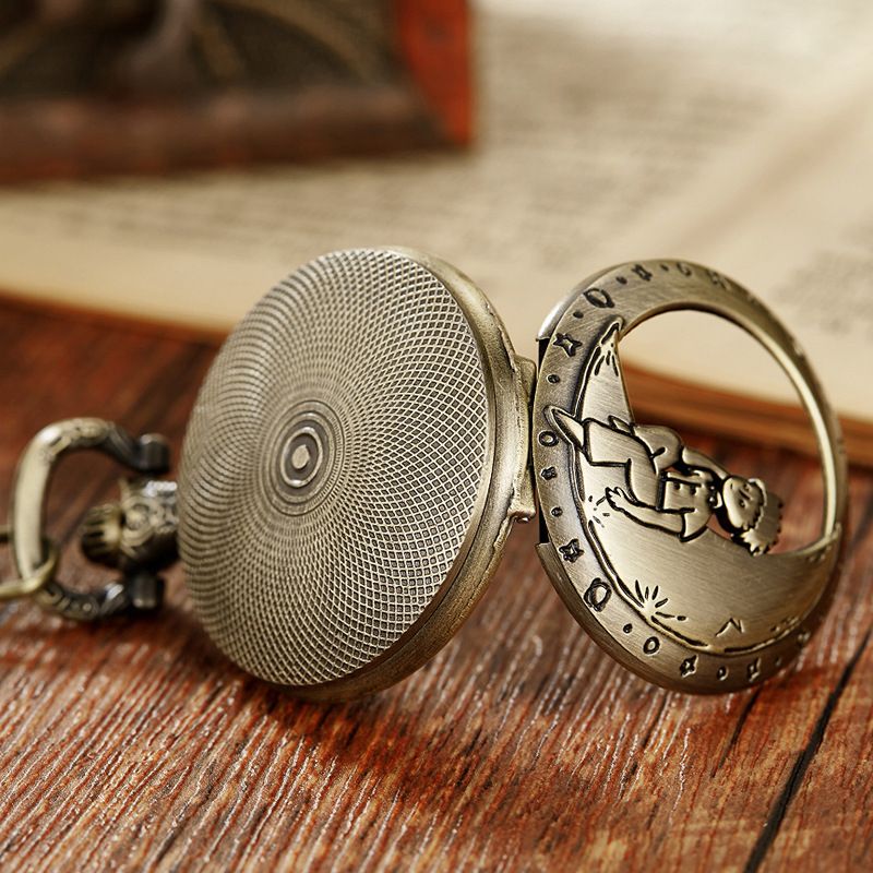 Hot Selling Flip Cover Antique Bronze Color Two-Dimensional Moon Boy Semi-Transparent Classic Large Quartz Pocket Watch_voghion.com