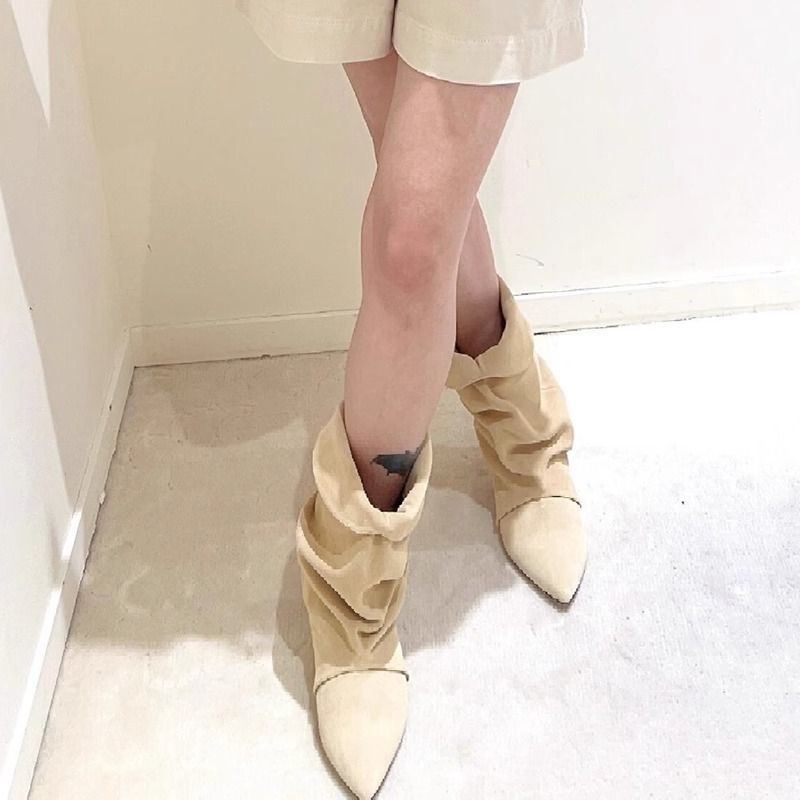 Versione in pelle di pecora ~ Scarpe da donna con tacco a spillo e pelo piegato, nuove scarpe casual alla moda western per autunno e inverno,_voghion.com