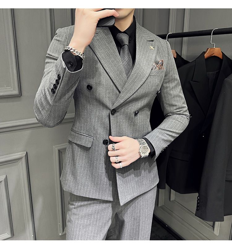 Britu stila moderns svītrains divrindu vīriešu līgavaiņa, līgavaiņa, kāzu kleitas, trīsdaļīga uzvalka komplekta tendence_voghion.com