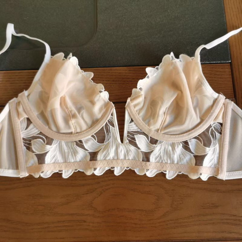 Nuovo reggiseno intimo sexy in pizzo ricamato con scollo a V profondo per donna, con seno grande ultra sottile e piccola arricciatura._voghion.com