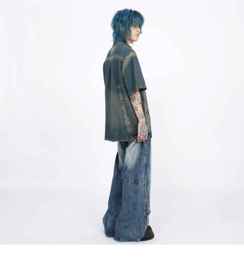 Herrenbekleidung Washed Gradient Deconstructed Kurzarm-Jeanshemd für Herren Neues Design Nischen-Vielseitiges, hübsches Hemd_voghion.com