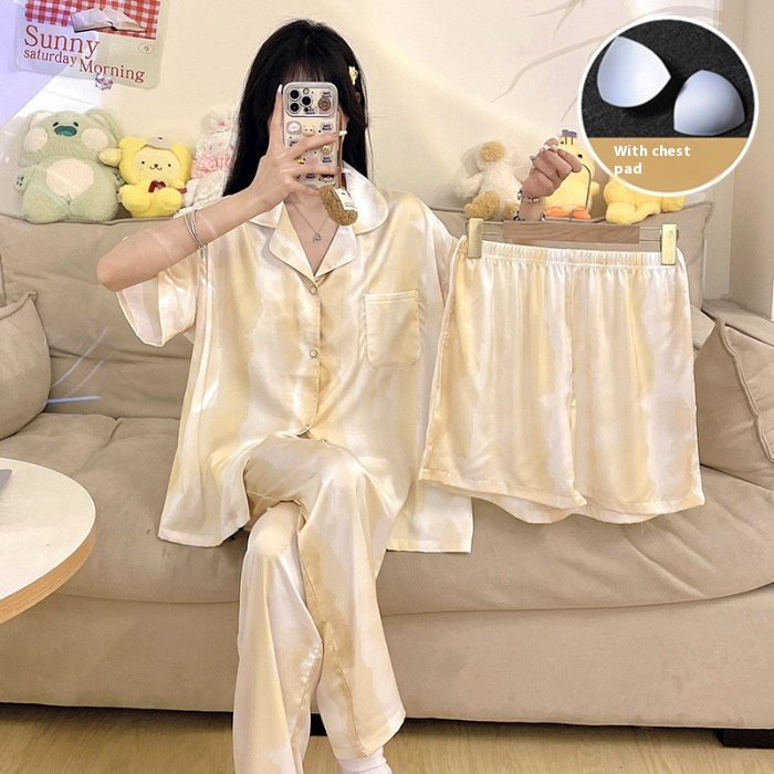 Ice sleepwear women's spring and autumn three piece set short sleeved pants thin ice silk summer outerwear plus size_voghion.com