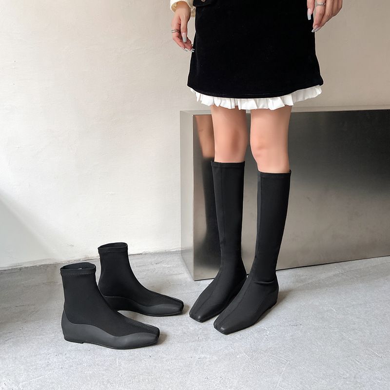 Bottes longues plates à talon caché pour femme, minimalistes, polyvalentes, élastiques, fines, à bout carré, collection automne 2024_voghion.com