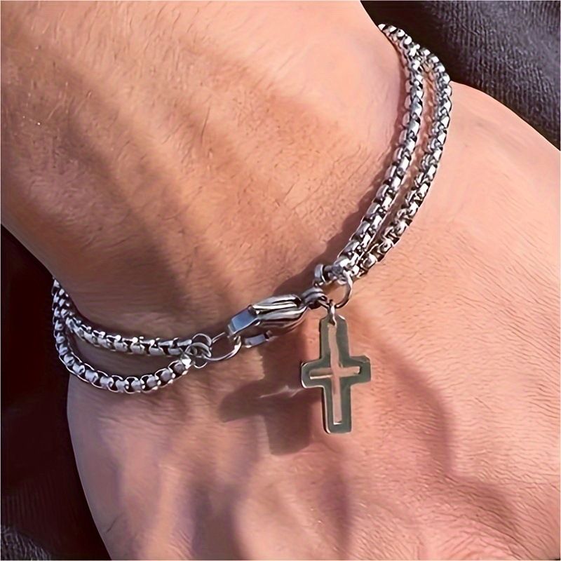 Bracciale da uomo in acciaio al titanio con catena a croce cava, nuovo stile, a doppio strato_voghion.com