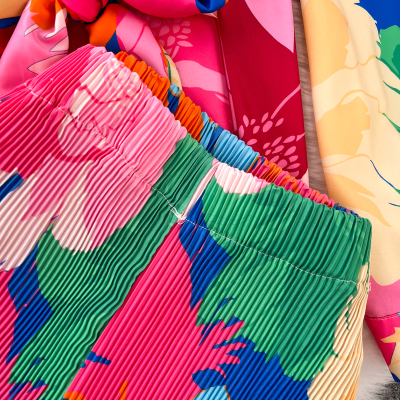 Modesæt til kvinder afslappet løs langærmet enkeltradet skjorte i to dele sæt højtaljede slankende tie-dye printede brede ben bukser_voghion.com