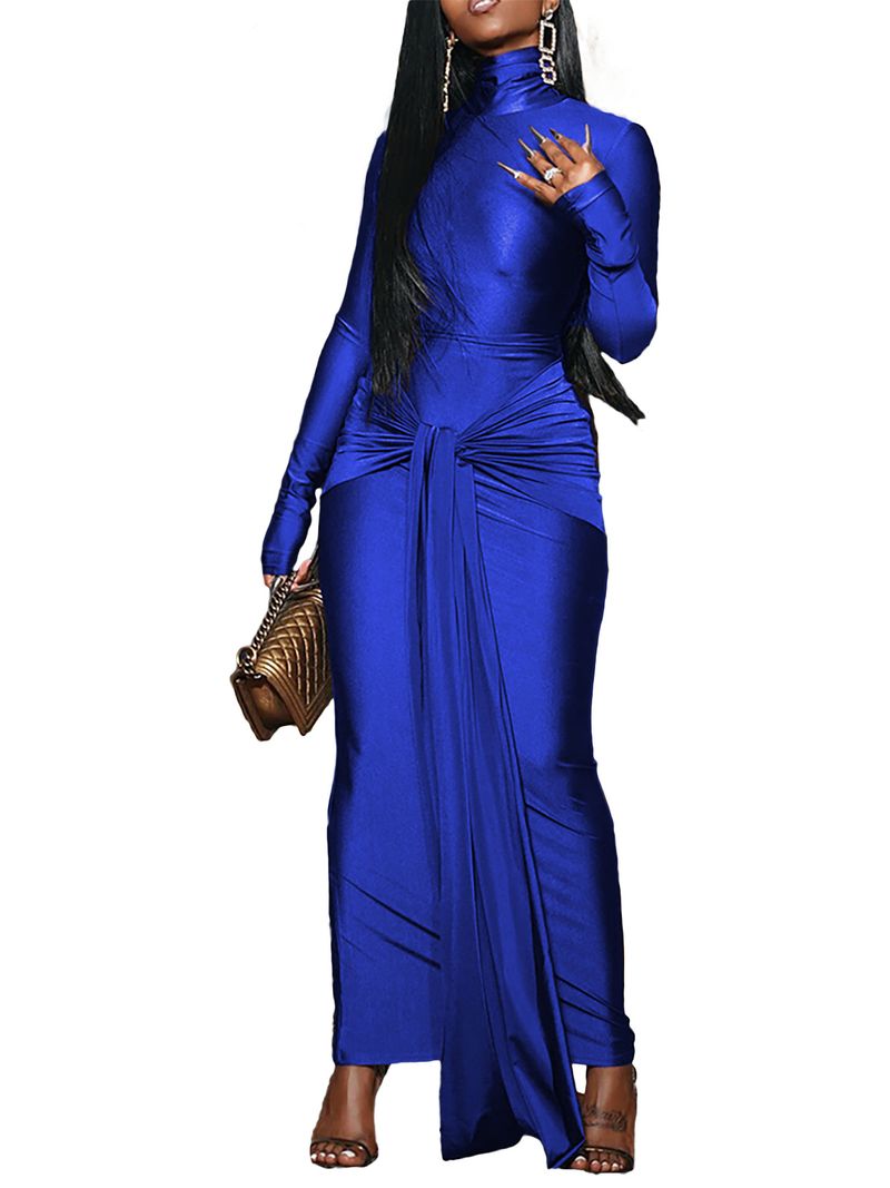 D8651 Abito con cintura e collo alto alla moda, gonna lunga in saldo_voghion.com
