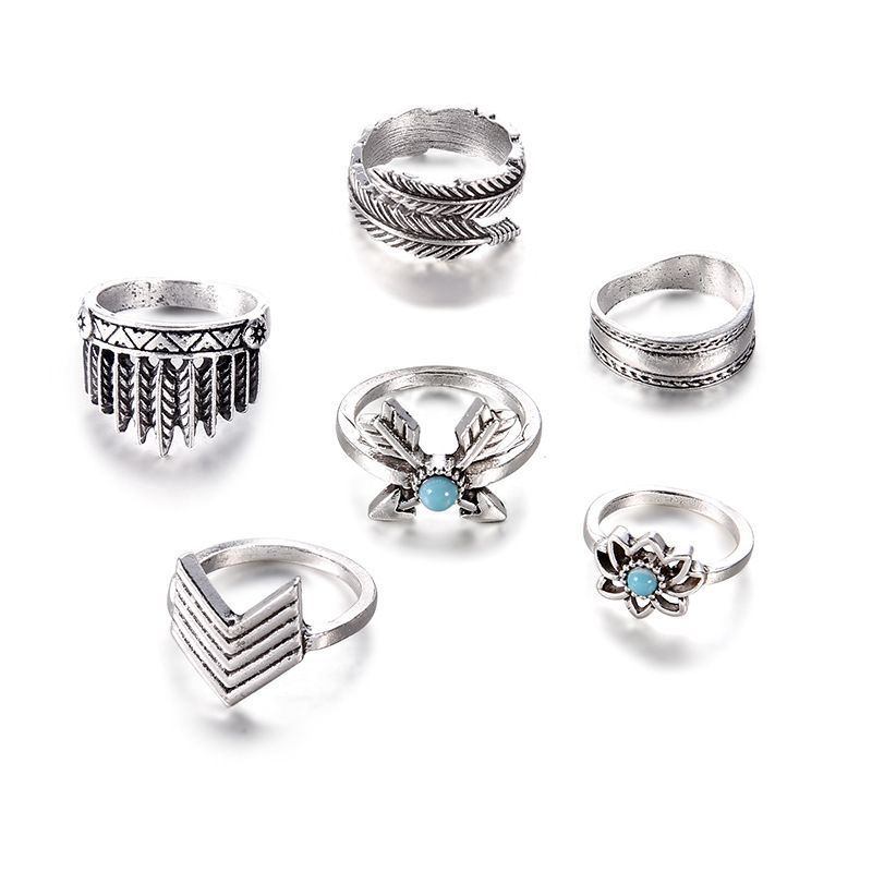 Jewelry Carved Turquoise Bohemian Style 6-Piece Hand Ring Set_voghion.com