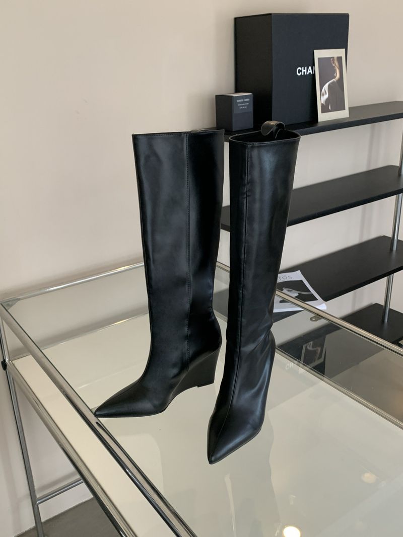 Kniehoge laarzen met puntige neus voor dames Herfst en winter Wedgesleekte ridderlaarzen_voghion.com