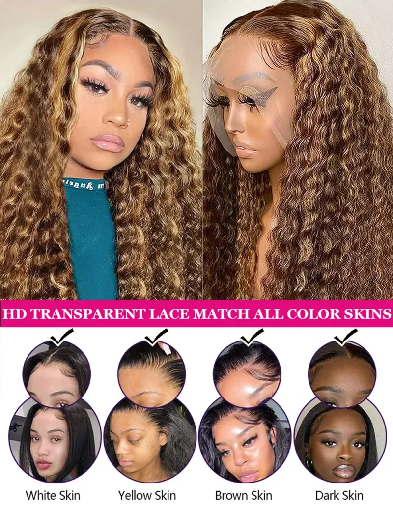 Peluca de cabello humano con ondas profundas y color marrón resaltado, peluca frontal de encaje, pelucas Remy de color rubio miel prearrancadas para mujeres_voghion.com