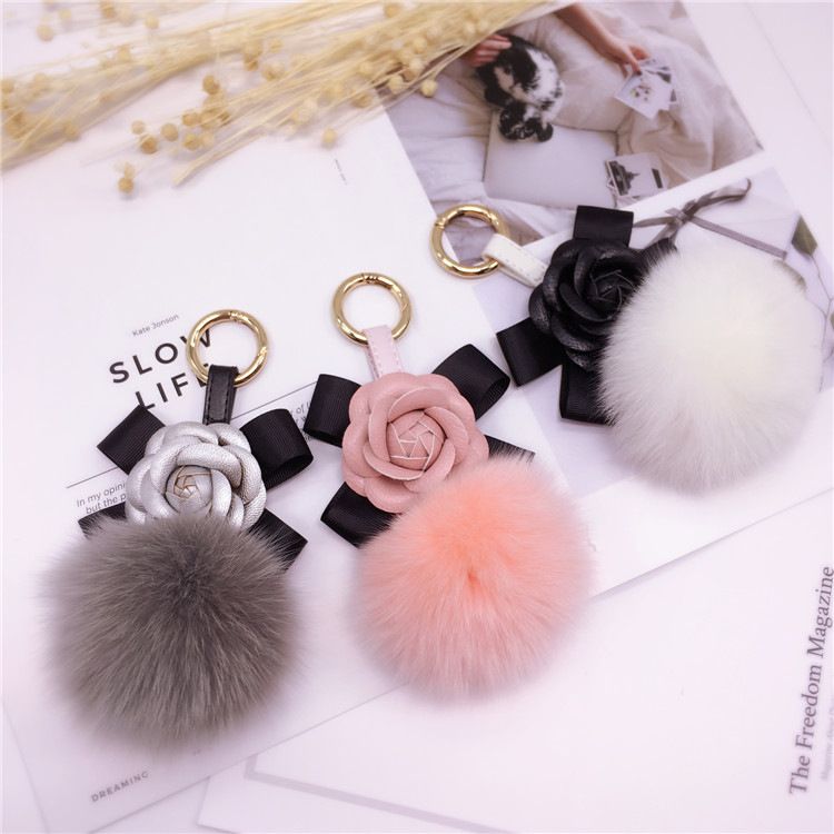 Korean Creative Bowknot Camellia Keychain Bag Pendant Women's Fox Fur Ball Key Ring Fashion Accessory_voghion.com