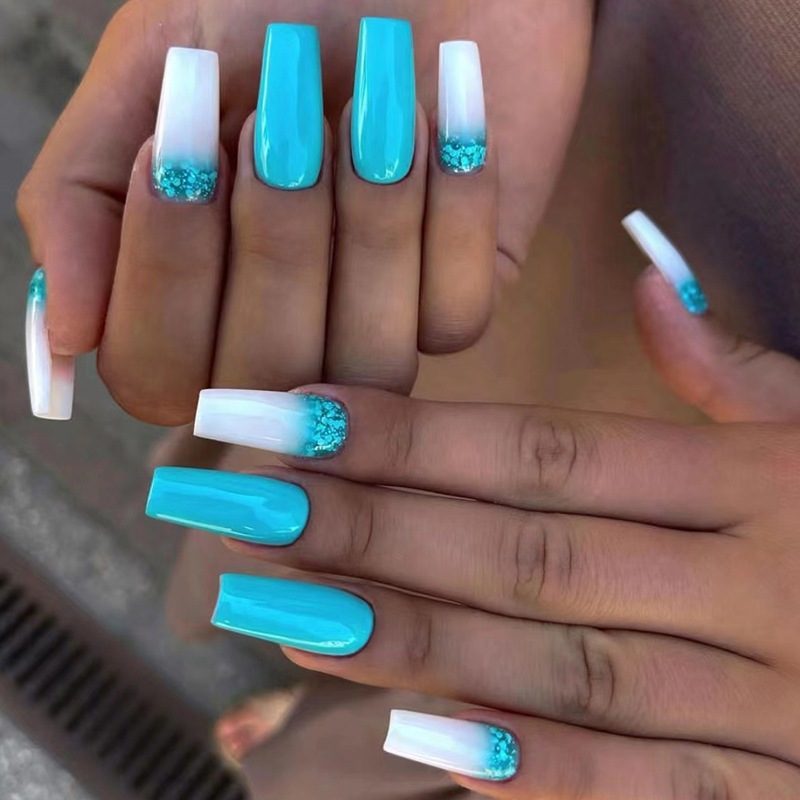 Glitter White 24Pcs Line Design False Nails Wearable French Fake Nails Long Square Head Press on Nails Full Co_voghion.com