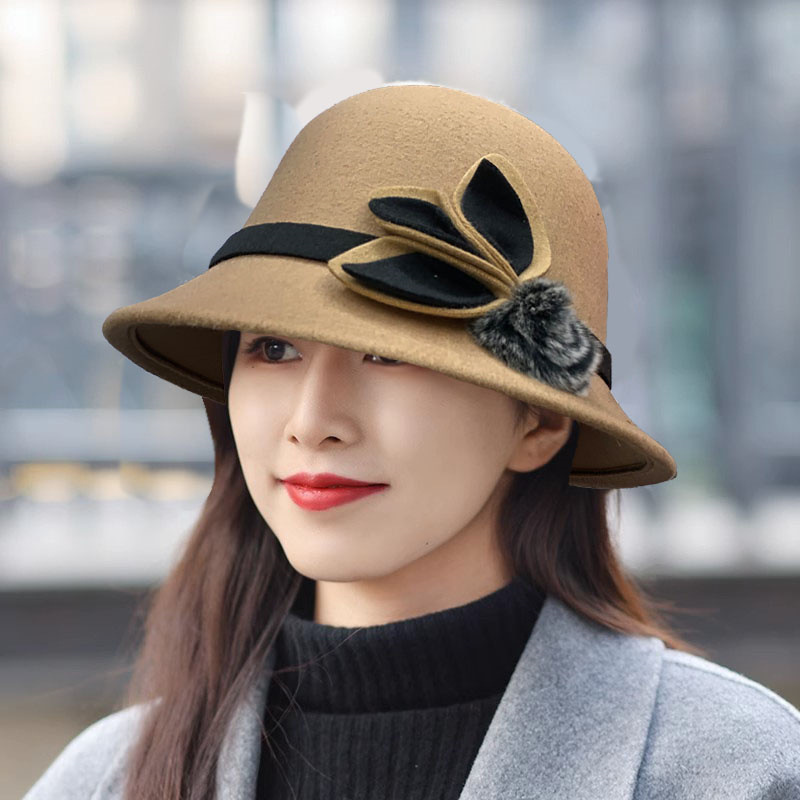 Wollzylinder-Hut, französischer Luxus, einseitiger Plüschball, Frühling und Herbst, englischer Feng Shui-Eimerhut, Vintage-Stil, eleganter kleiner Topfhut_voghion.com