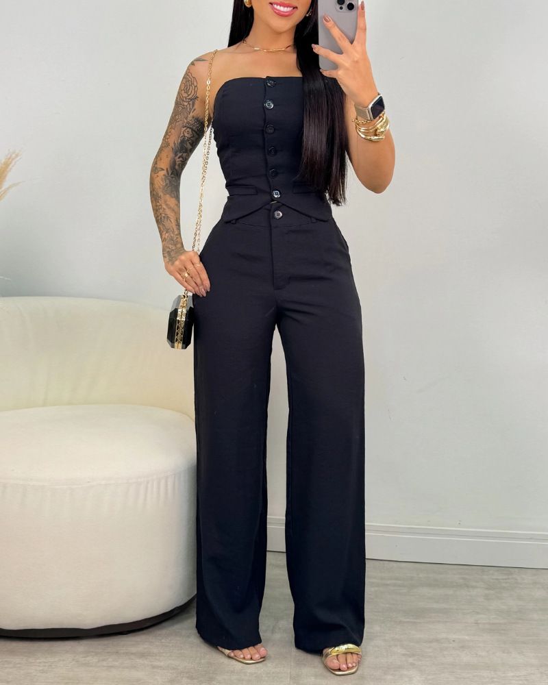 Women's Clothing Standing Tube Top Button Vest Opening Closing Placket Wide Leg Trousers Suit_voghion.com