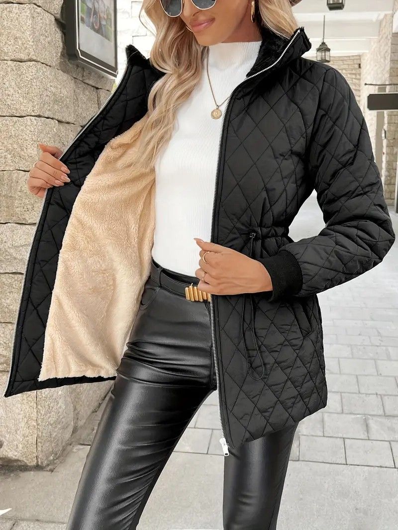 Women's Slim Fit Longline Fleece-Lined Quilted Jacket – Warm Winter Coat With Pockets, Polyester Shell, Plus Size Available (Black)_voghion.com