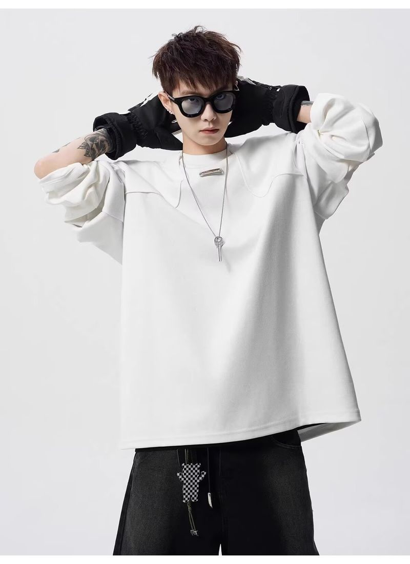 Maglietta a maniche lunghe alla moda con colletto alla coreana per uomo, stile americano, stile primavera e autunno, comoda e casual, strato di base_voghion.com