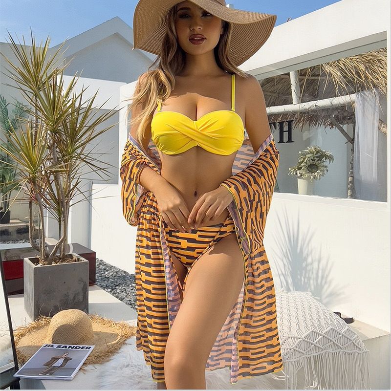 Maillot de bain trois pièces en maille pour femme, vêtements de protection solaire torsadés à impression numérique pour femme_voghion.com