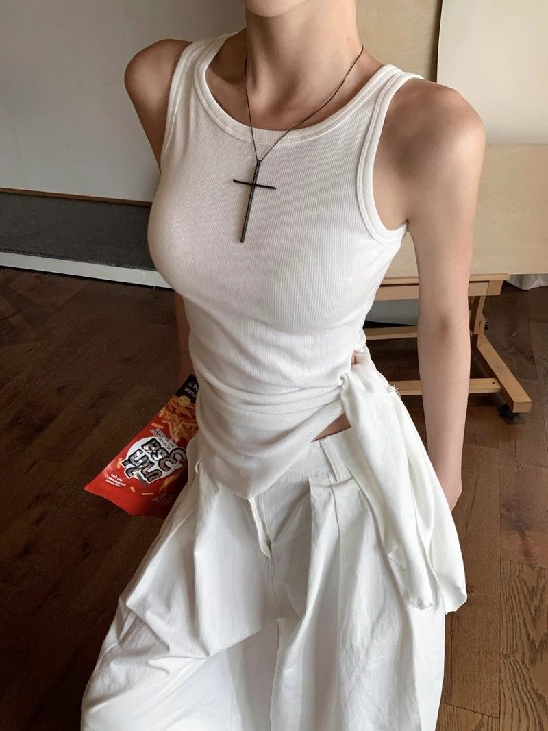 Top estivo asimmetrico da donna con spalline sottili – Canotta senza maniche alla moda con corsetto e cintura in vita_voghion.com
