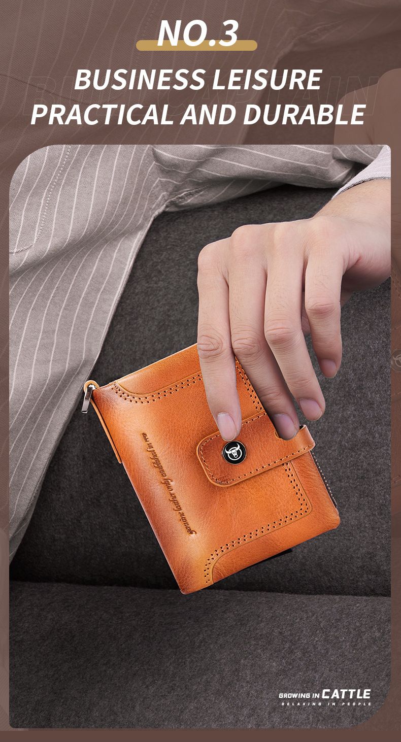 BULLCAPTAIN zipper tower buckle genuine leather men's wallet vertical multi card slots first layer cowhide wallet_voghion.com