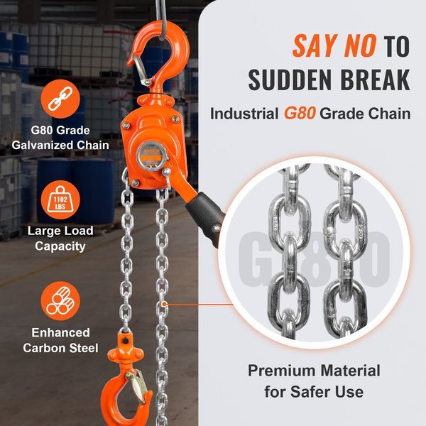 Manual Lever Chain Hoist, 1/2 Ton 1100 Lbs Capacity 10 FT Come Along, G80 Galvanized Carbon Steel With Weston Double-Pawl Brake, Auto Chain Leading_voghion.com