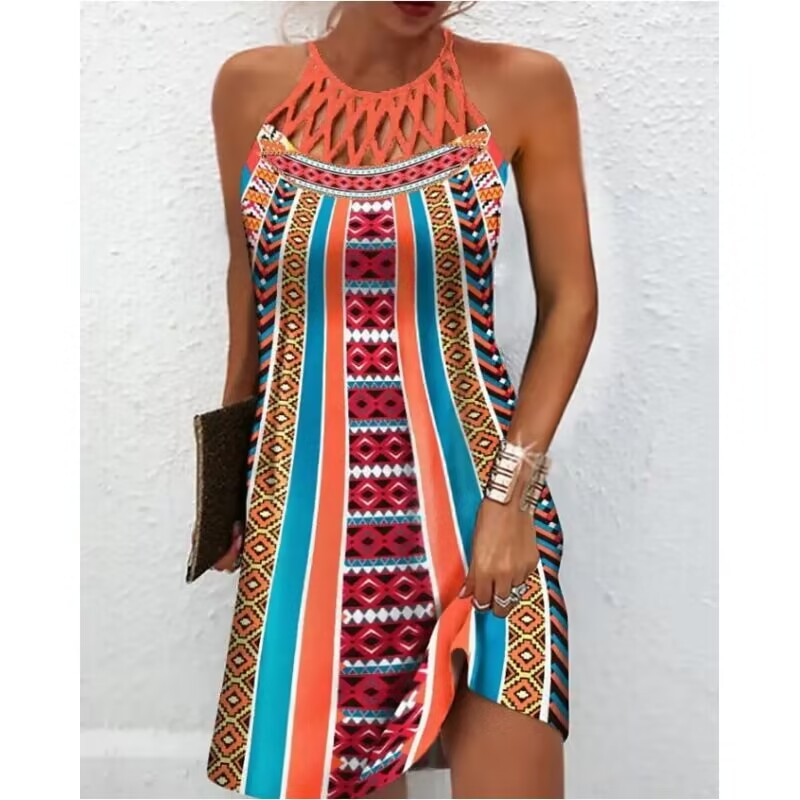 Rochie casual fără mâneci, cu imprimeu din plasă și curea, în stil etnic, 2025, primăvară/vară, nouă, pentru femei_voghion.com